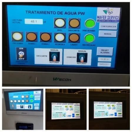 Pantalla HMI del sistema de tratamiento de agua PW con estados de válvulas y alarmas